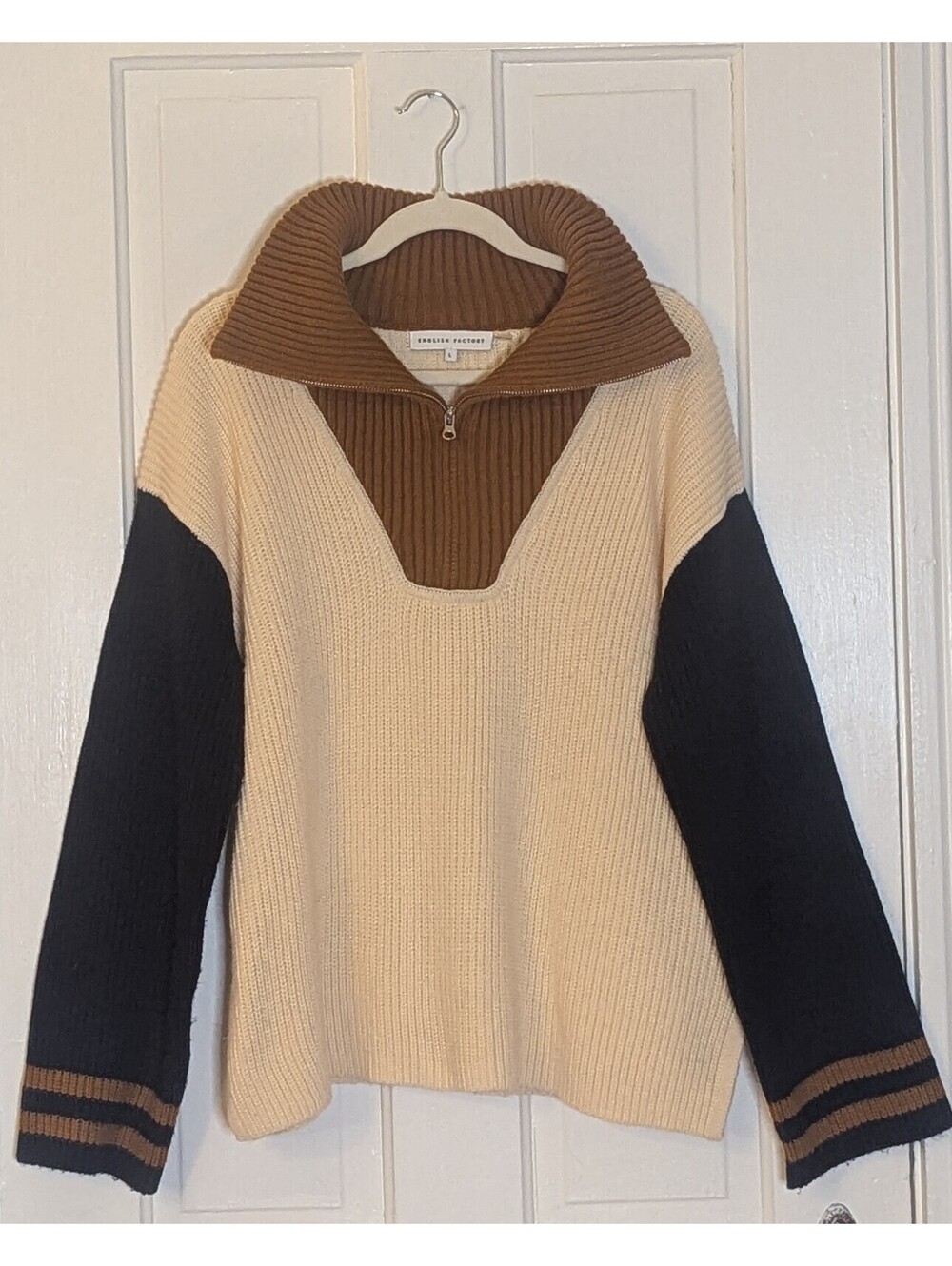 ENGLISH FACTORY OVERSIZED HALF ZIP SWEATER | L | COLORBLOCK RIBBED COLLAR PREPPY